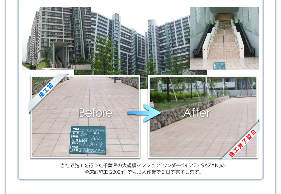 当社で施工を行った千葉県の大規模マンション「全床面施工2200㎡」でも3人の作業して3日で完了します!